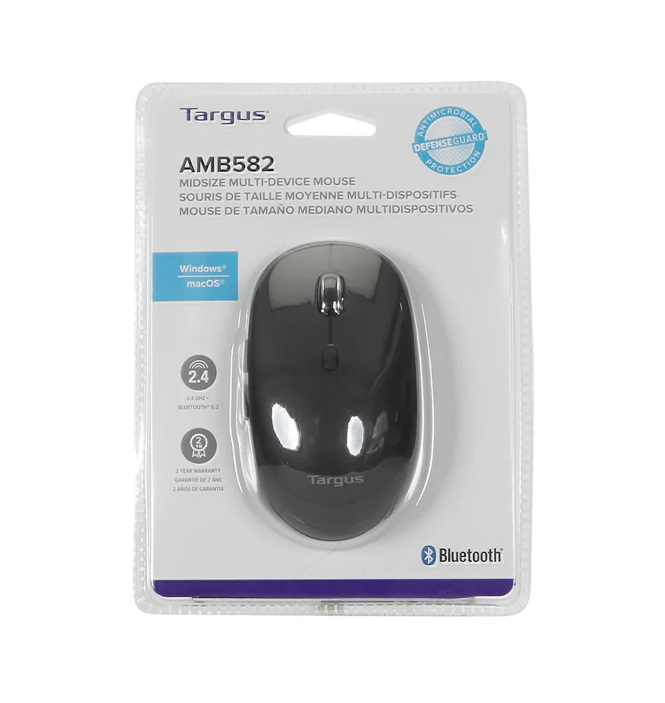 Un ratón Targus en su embalaje, con logotipos de Windows y Bluetooth.