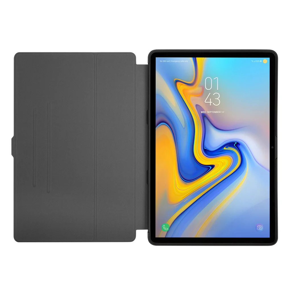 Tableta con pantalla encendida, junto a una funda gris plegada.