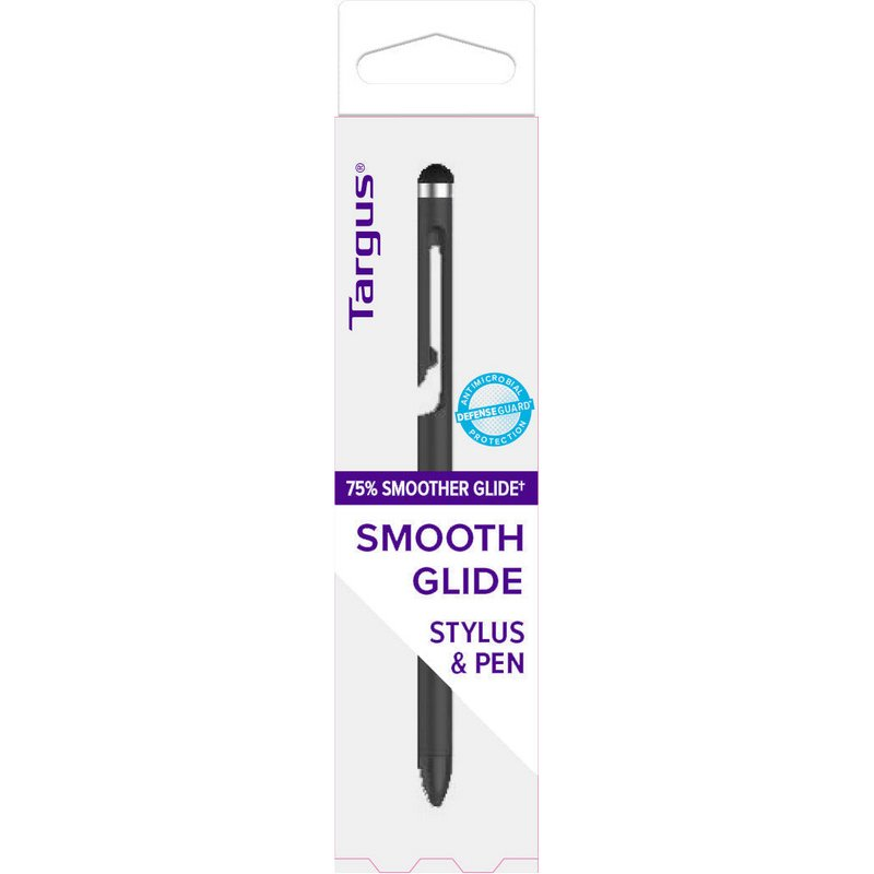 Un paquete de lápiz y bolígrafo Targus. Presenta un lápiz negro con punta plateada y el texto 'Smooth Glide Stylus & Pen'.