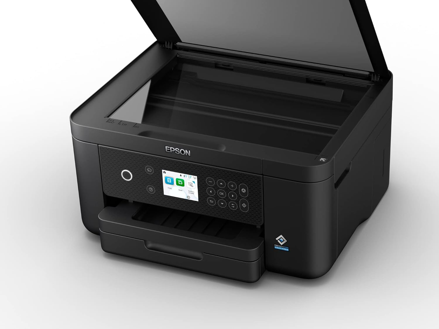 Impresora Epson negra con tapa abierta y panel de control. La bandeja de papel está extendida.