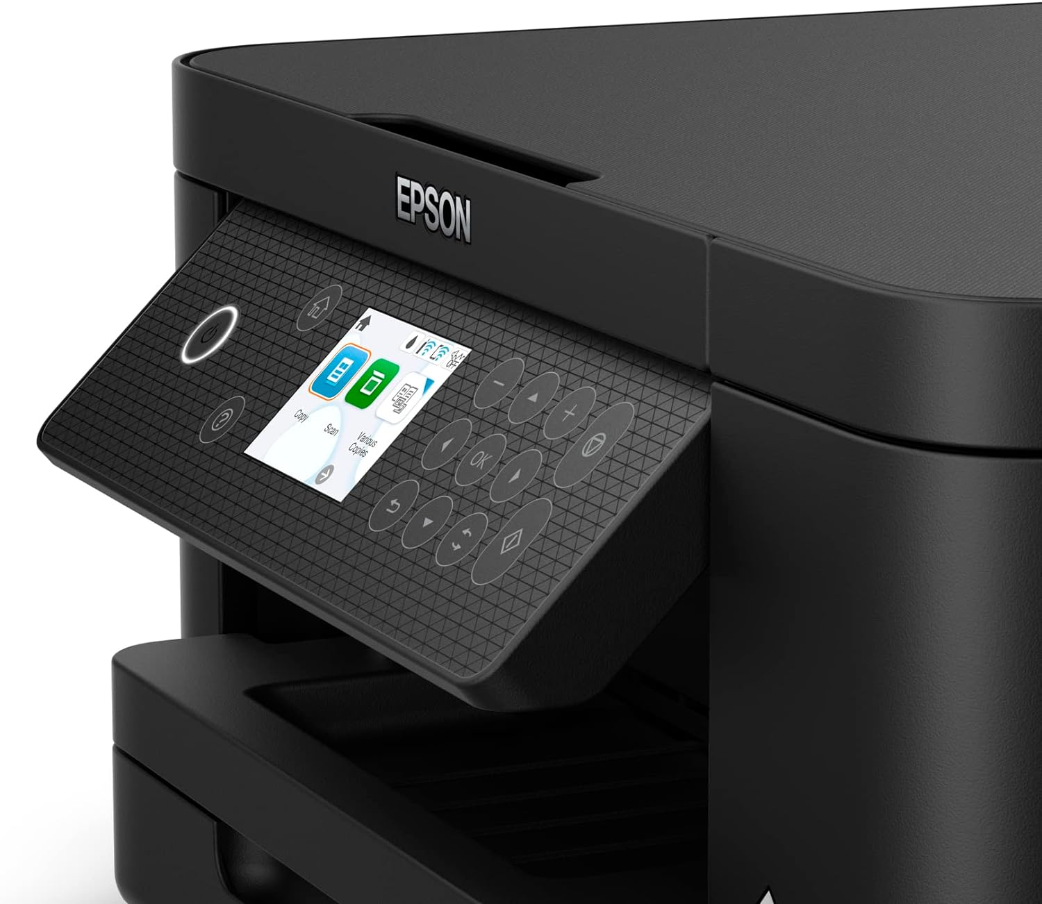 Impresora Epson negra con pantalla abierta. La pantalla muestra iconos y texto.