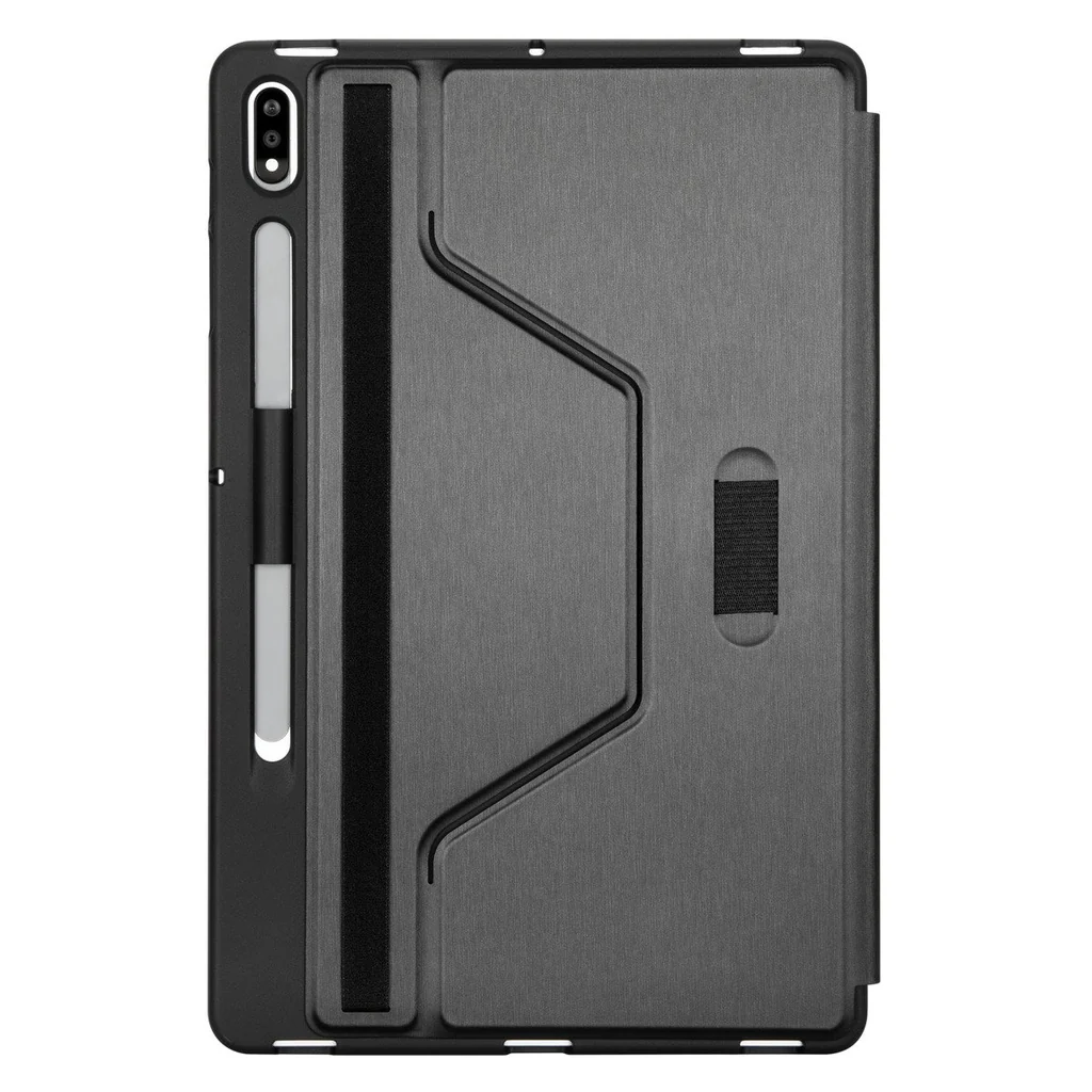 Funda negra para tableta con lápiz y correa de cierre.