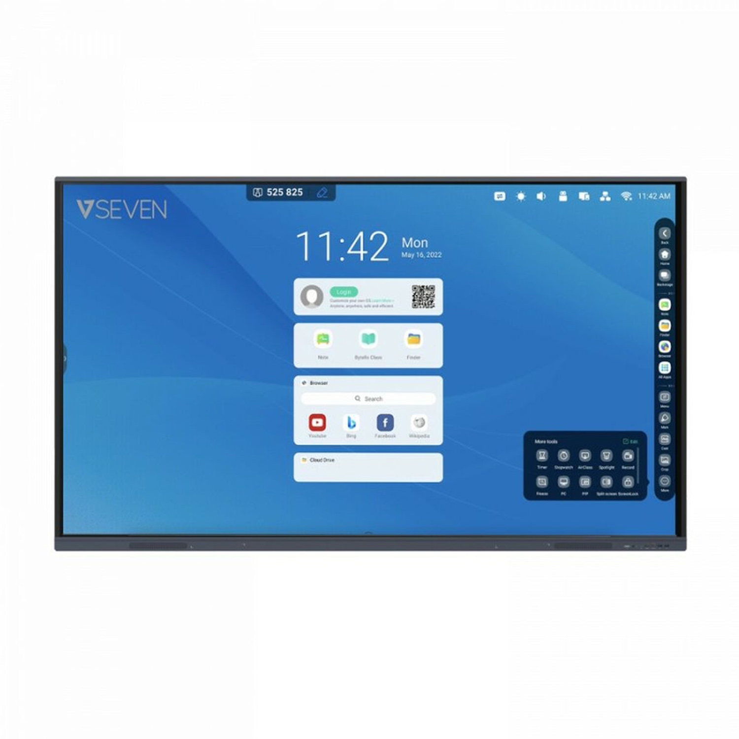 Ampio schermo interattivo, sfondo blu, che mostra un'interfaccia con icone e ora.