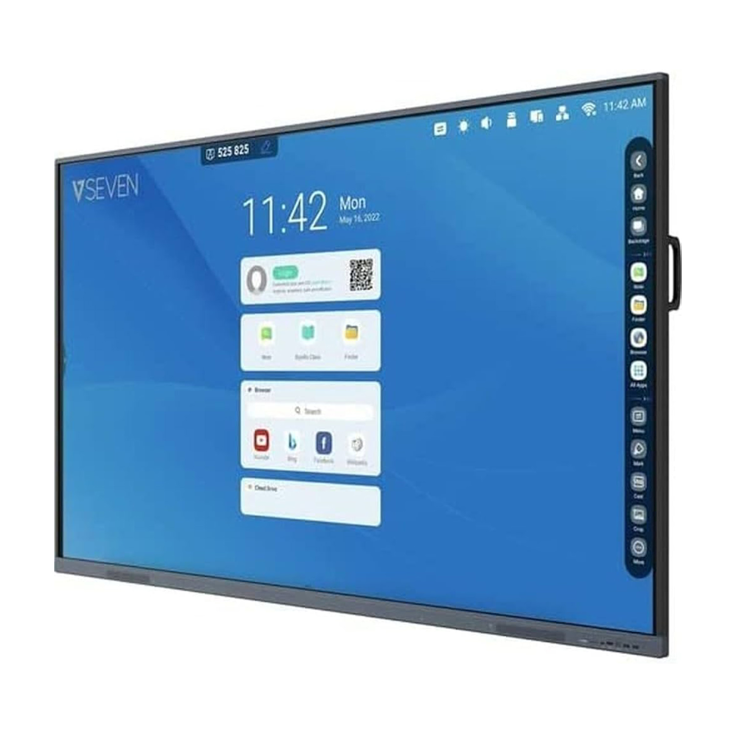 Grande display interattivo con schermo blu, icone e ora. Ha una cornice argentata.