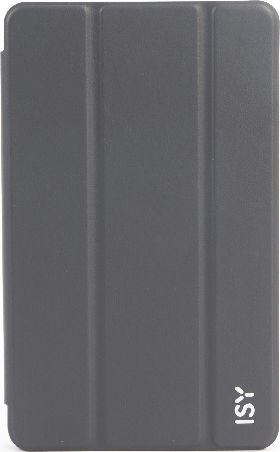 Una custodia per tablet grigio scuro chiusa con il logo 'ISY' sul lato destro.