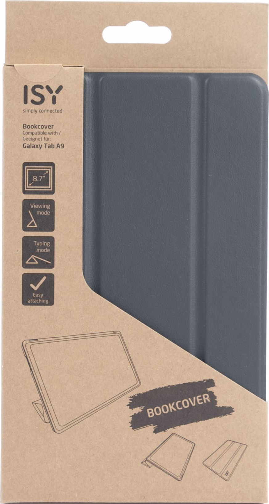 Una custodia per tablet con design a copertina di libro su sfondo di cartone.