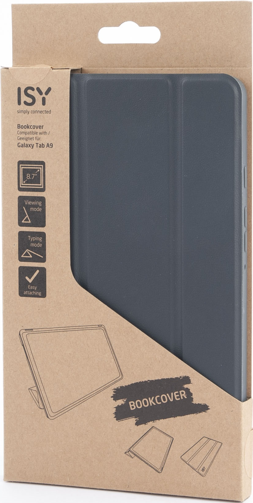 Una custodia grigia per tablet in una scatola di cartone. La custodia è piegata e aperta.