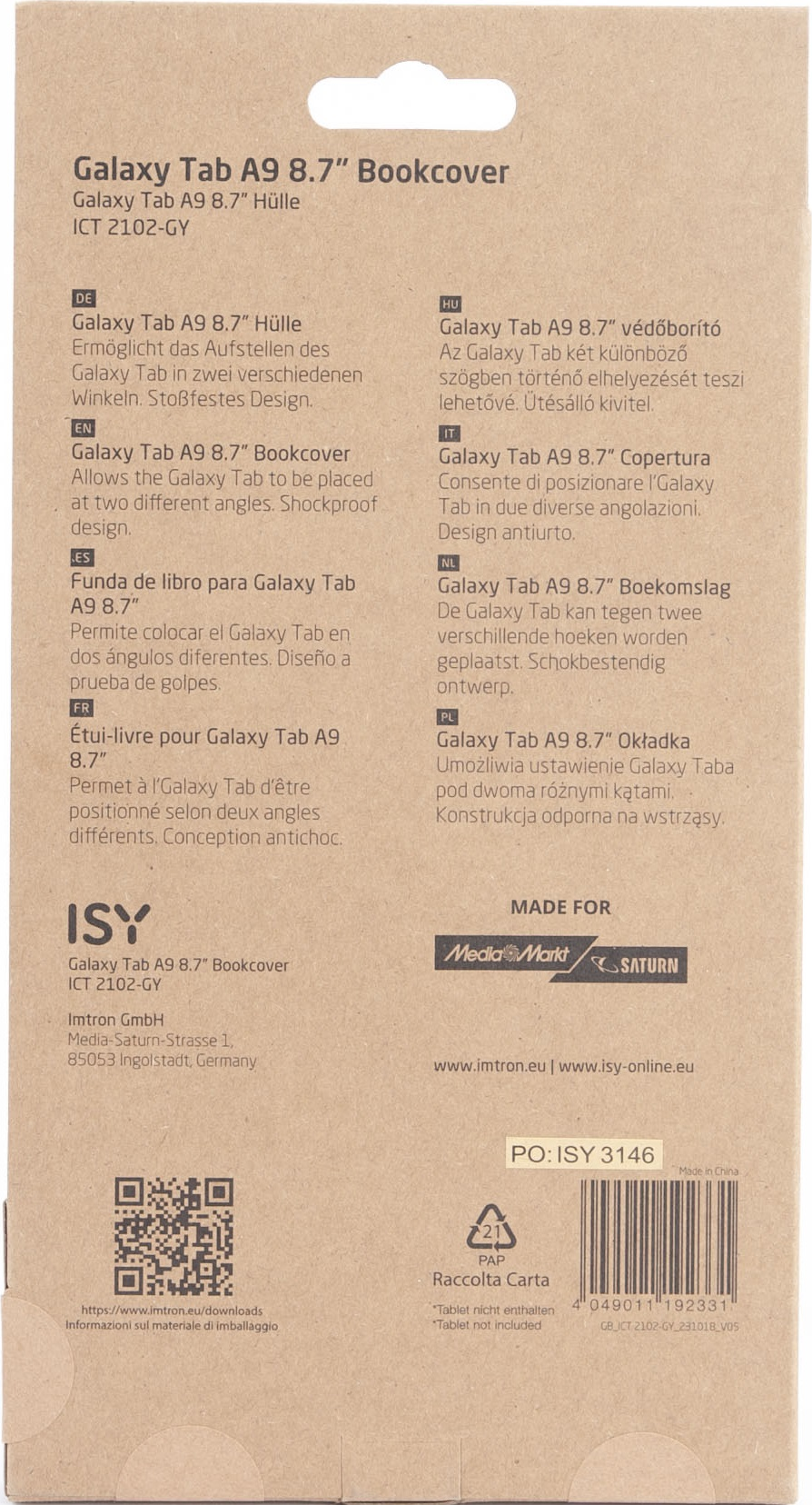 Retro di una Bookcover Galaxy Tab A9 8.7", con testo in più lingue e un codice QR.