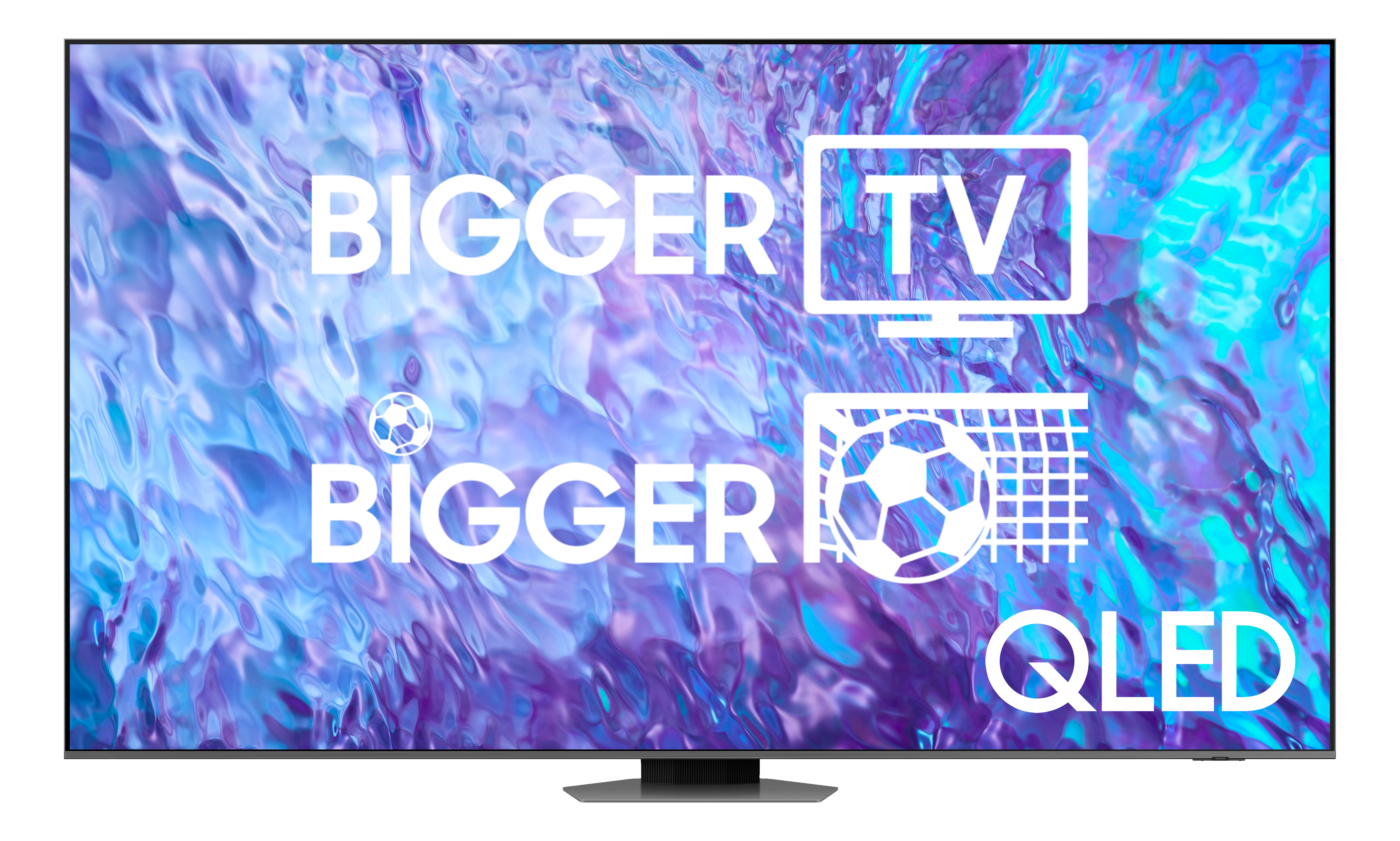 Ein Samsung QLED Fernseher mit Text: GRÖSSER TV, GRÖSSER, und einem Fußball-Symbol.