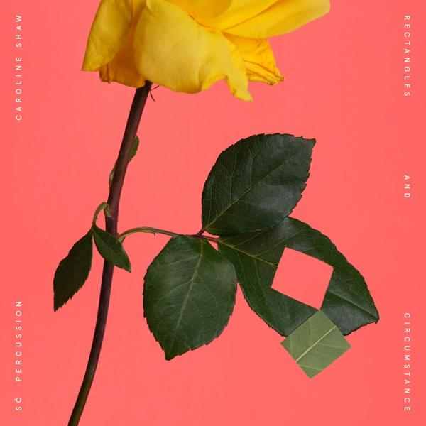 Sárga rózsa zöld levelekkel rózsaszín háttéren. Oldalsó szöveg: 'Rectangles and Circumstance'.