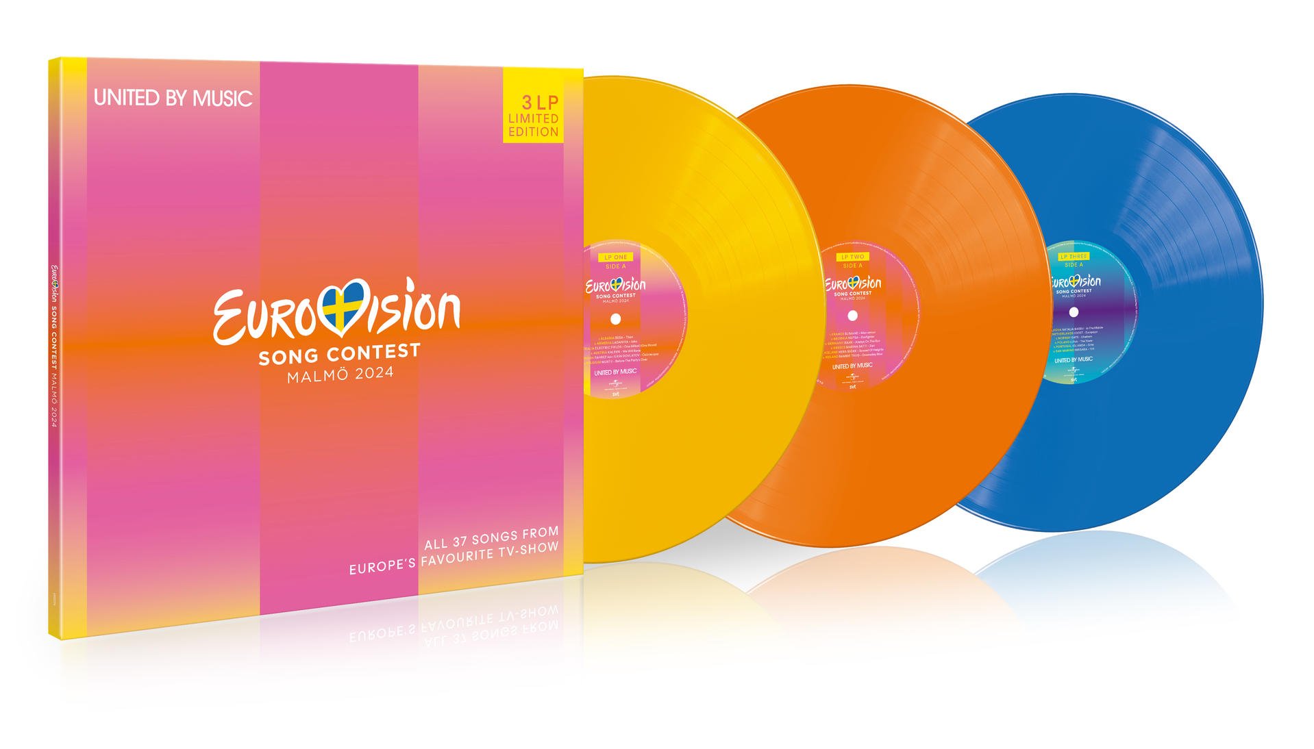 Eurovision Song Contest albumkészlet. Három bakelit lemez és egy doboz rózsaszín és sárga dizájnnal.