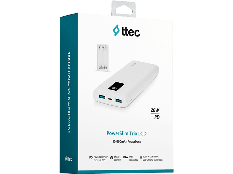 TTEC PowerSlim Trio LCD 10.000mAh PD 22,5W Dahili Kablolu Taşınabilir Şarj Cihazı Beyaz_2