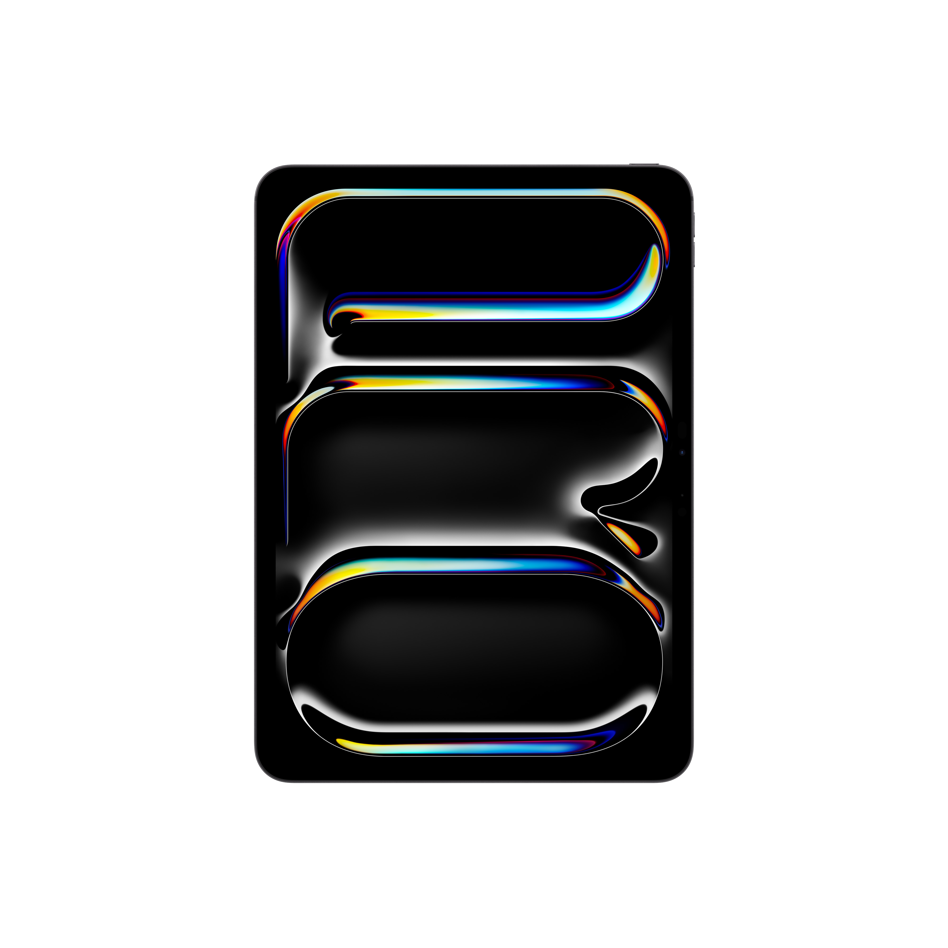 Ekranında soyut bir tasarıma sahip siyah tablet. Tasarım renkli ve yansıtıcıdır.