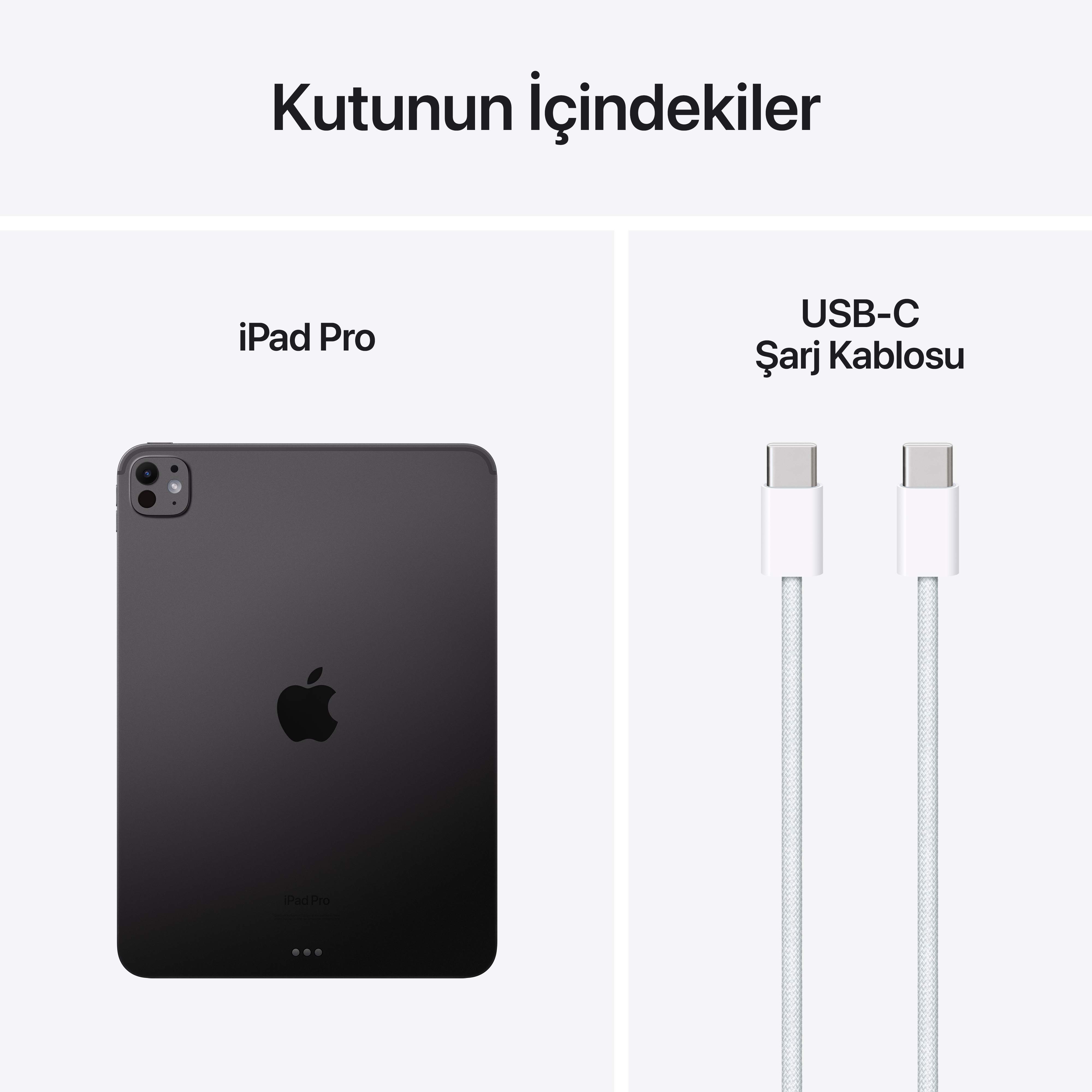 Siyah bir iPad Pro ve beyaz bir USB-C şarj kablosu. Arka plan beyaz.