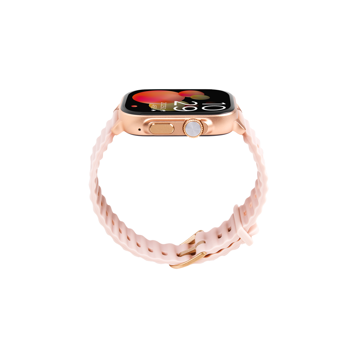 Siyah arka planda pembe kayışlı altın akıllı saat.