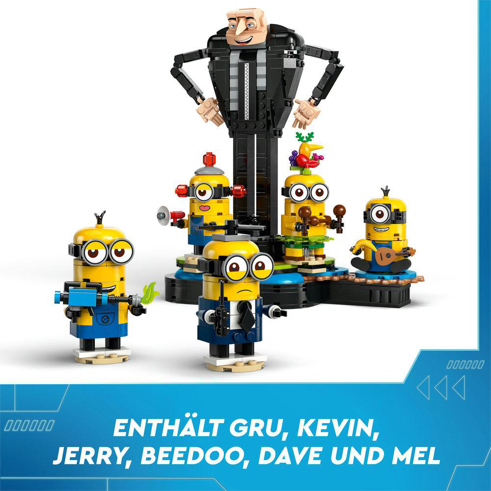 LEGO Minions Set mit Gru und Minions Figuren auf weißem Hintergrund.
