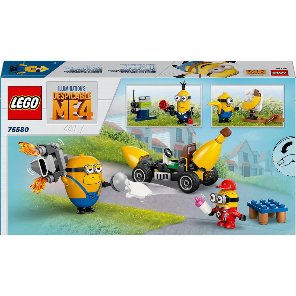LEGO Despicable Me 4 Set. Minions-Figuren und Fahrzeuge mit Bananenmotiven werden gezeigt.