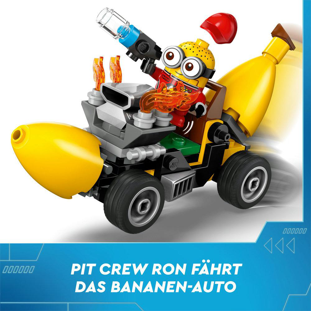 Ein Lego-Set mit einem Minion, der ein bananenförmiges Auto mit Flammen und einem Pit-Crew-Schild fährt.