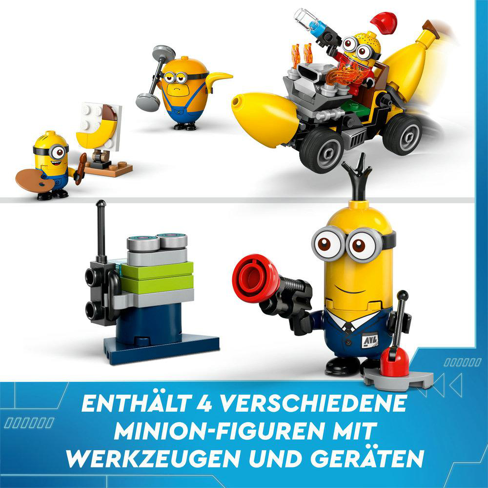 Lego Minions Set mit 4 Figuren und Werkzeugen. Enthält ein bananenförmiges Fahrzeug und andere Bauten.