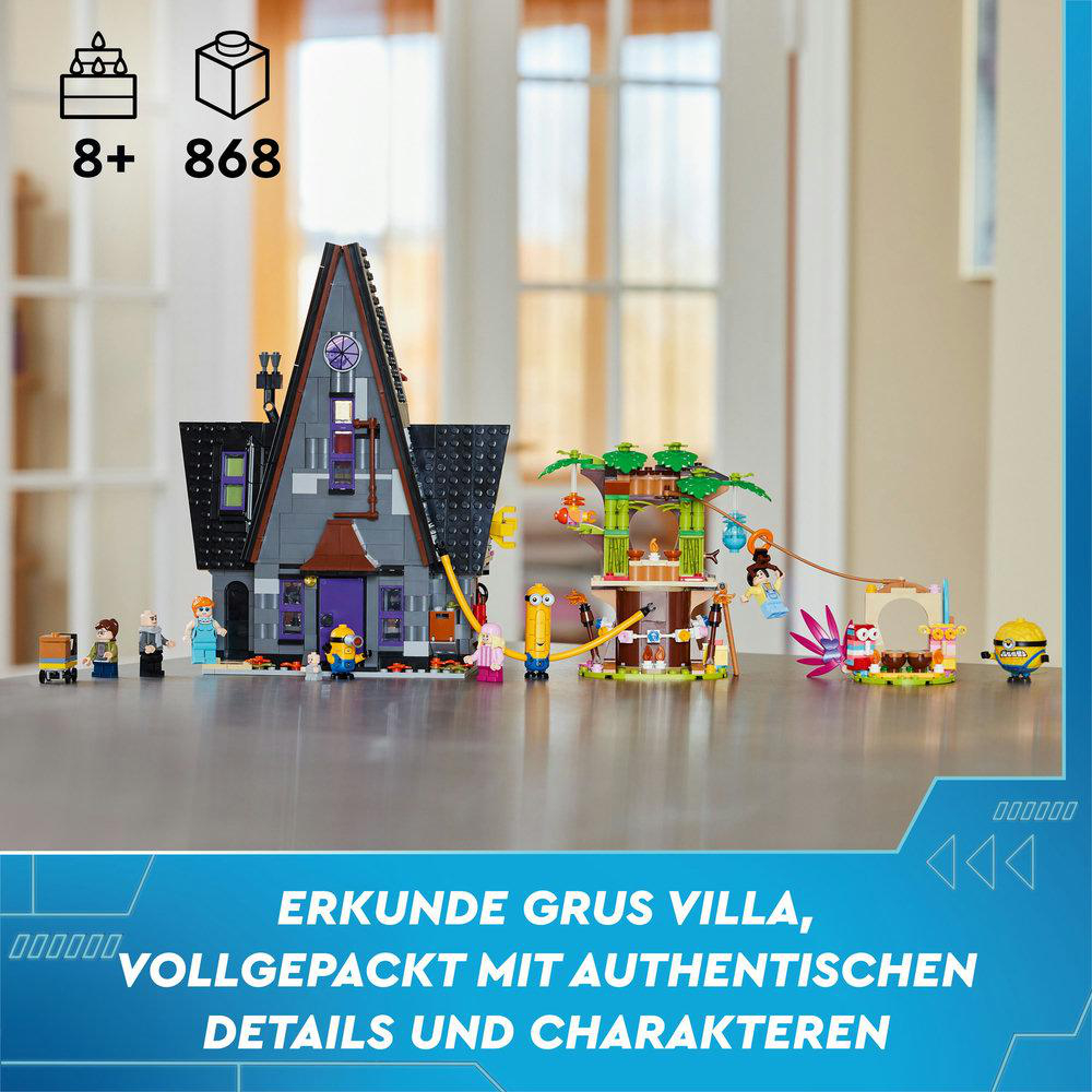 Ein Lego-Set mit einer Villa, Figuren und Details vor blauem Hintergrund. Text: Erkunde Grus Villa.