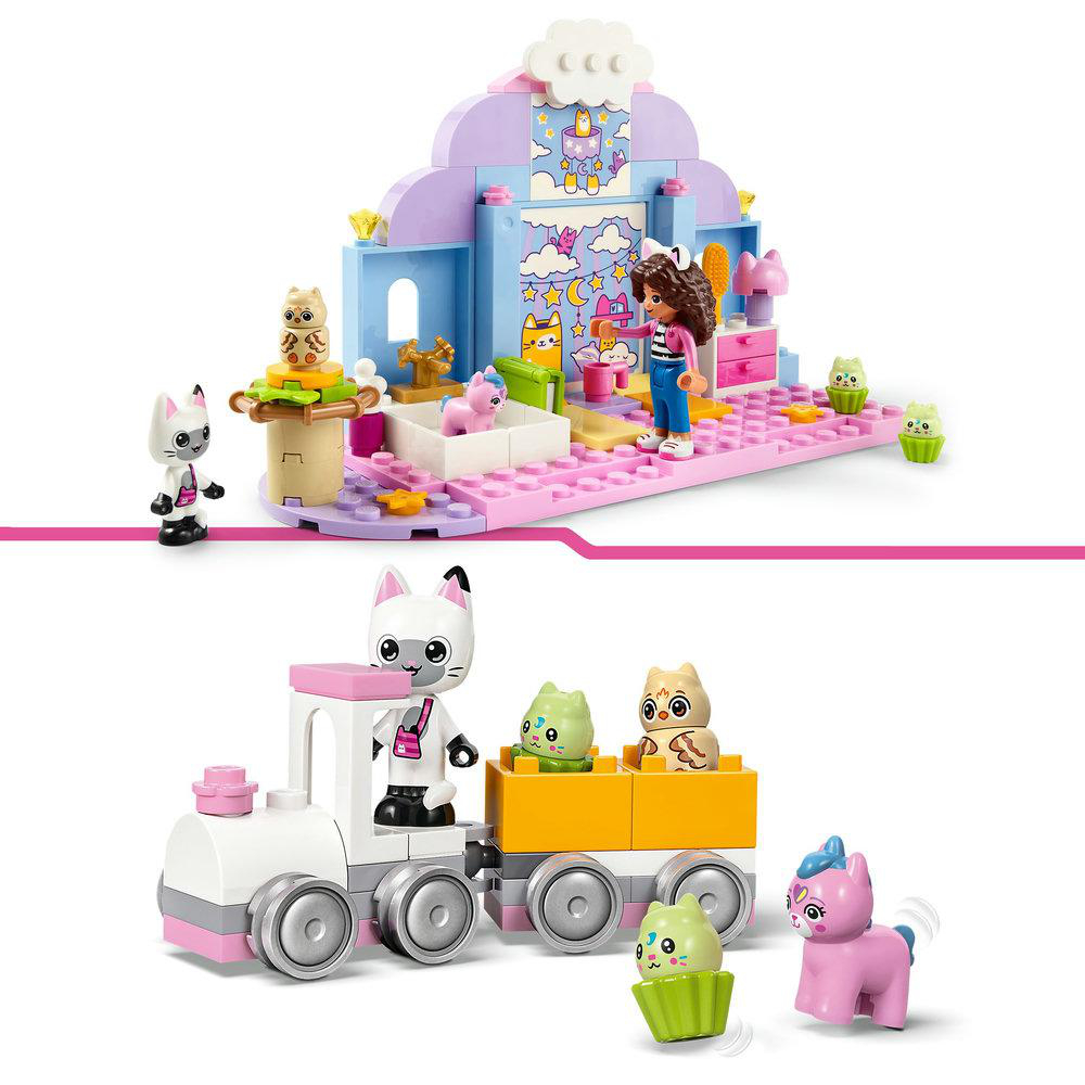 Zwei Bilder. Eines zeigt ein Lego-Set mit Figuren. Das andere zeigt ein Lego-Zug-Set mit ähnlichen Figuren.