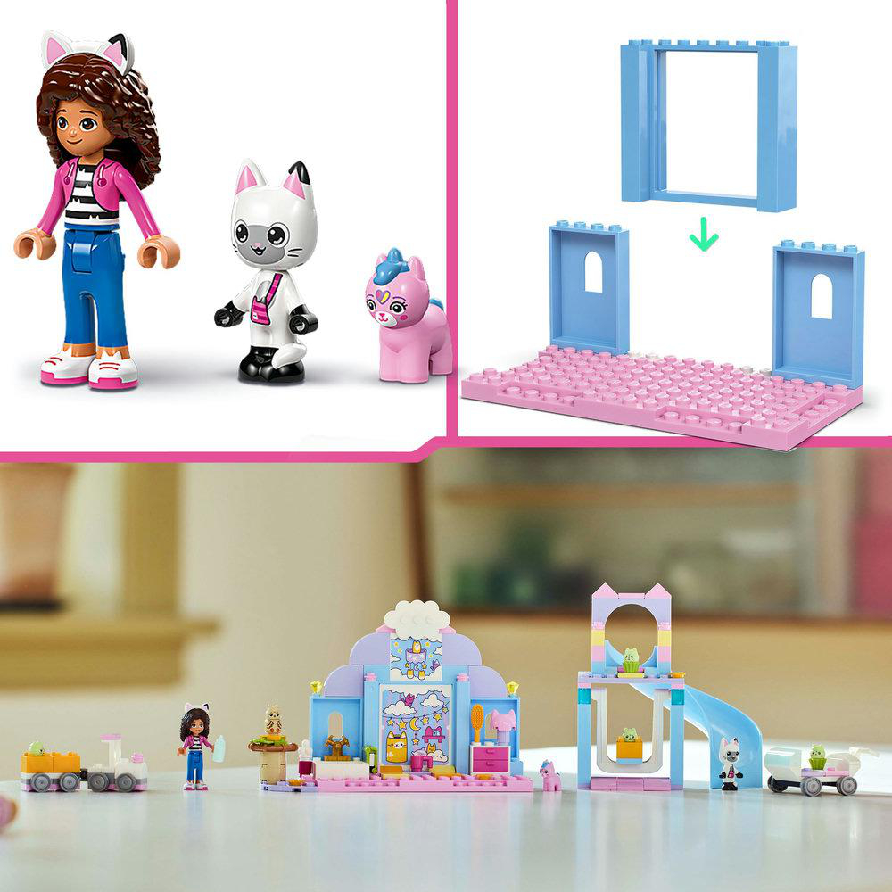 Lego-Set mit Katzenfiguren und einem Gebäude. Verschiedene Farben und Designs.