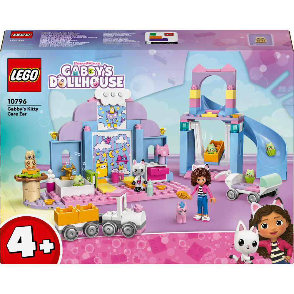 LEGO Gabby's Puppenhaus Set mit Figuren, Katze und farbenfrohem Spielset im Hintergrund.