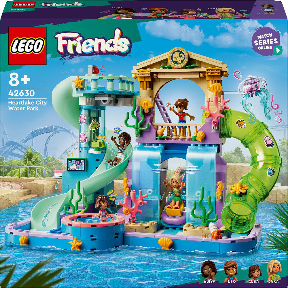 Lego Friends Wasserpark-Set-Box mit Figuren, die im Wasserpark spielen.