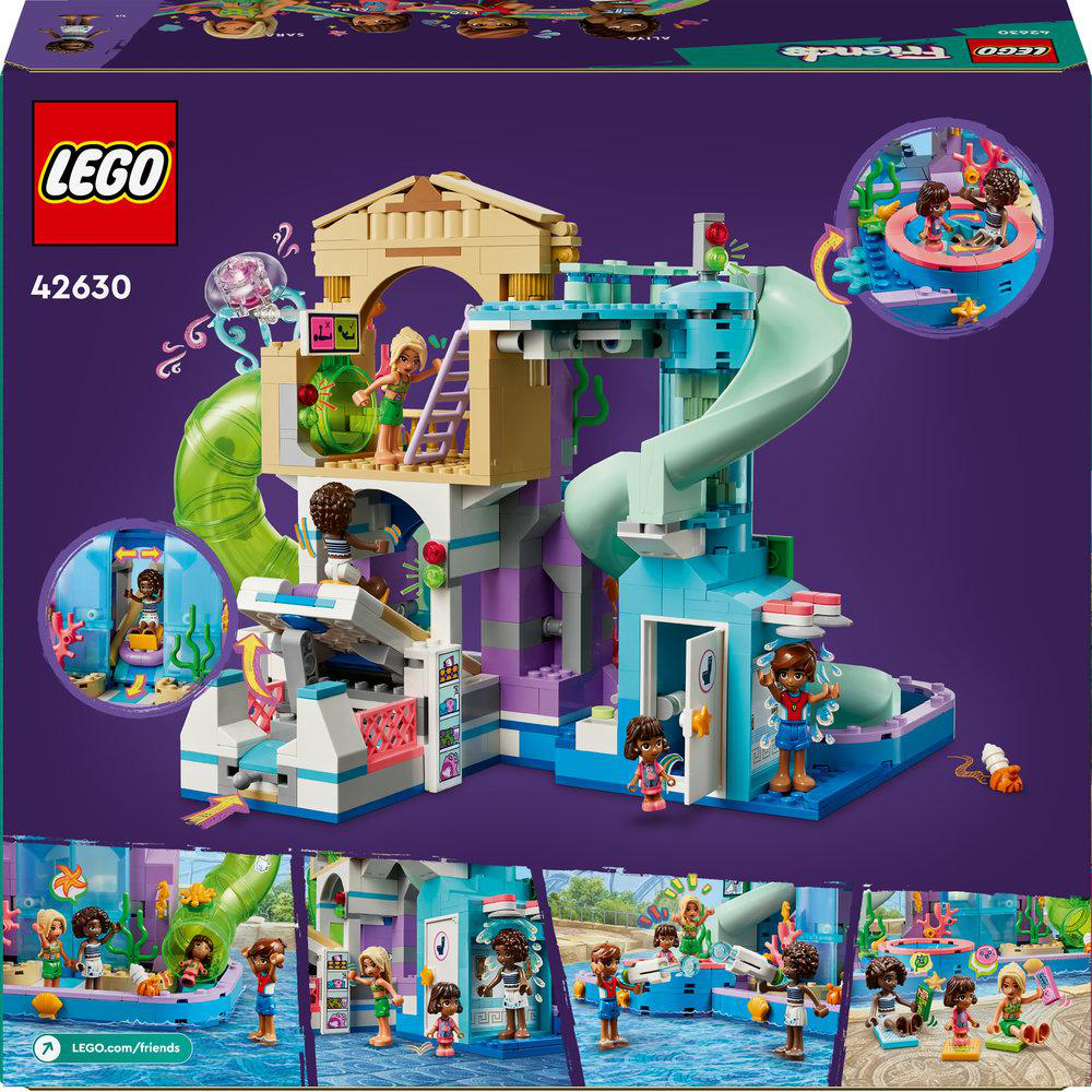 Rückseite einer Lego Friends Box mit einer Wasserparkszene, lebendige Farben.