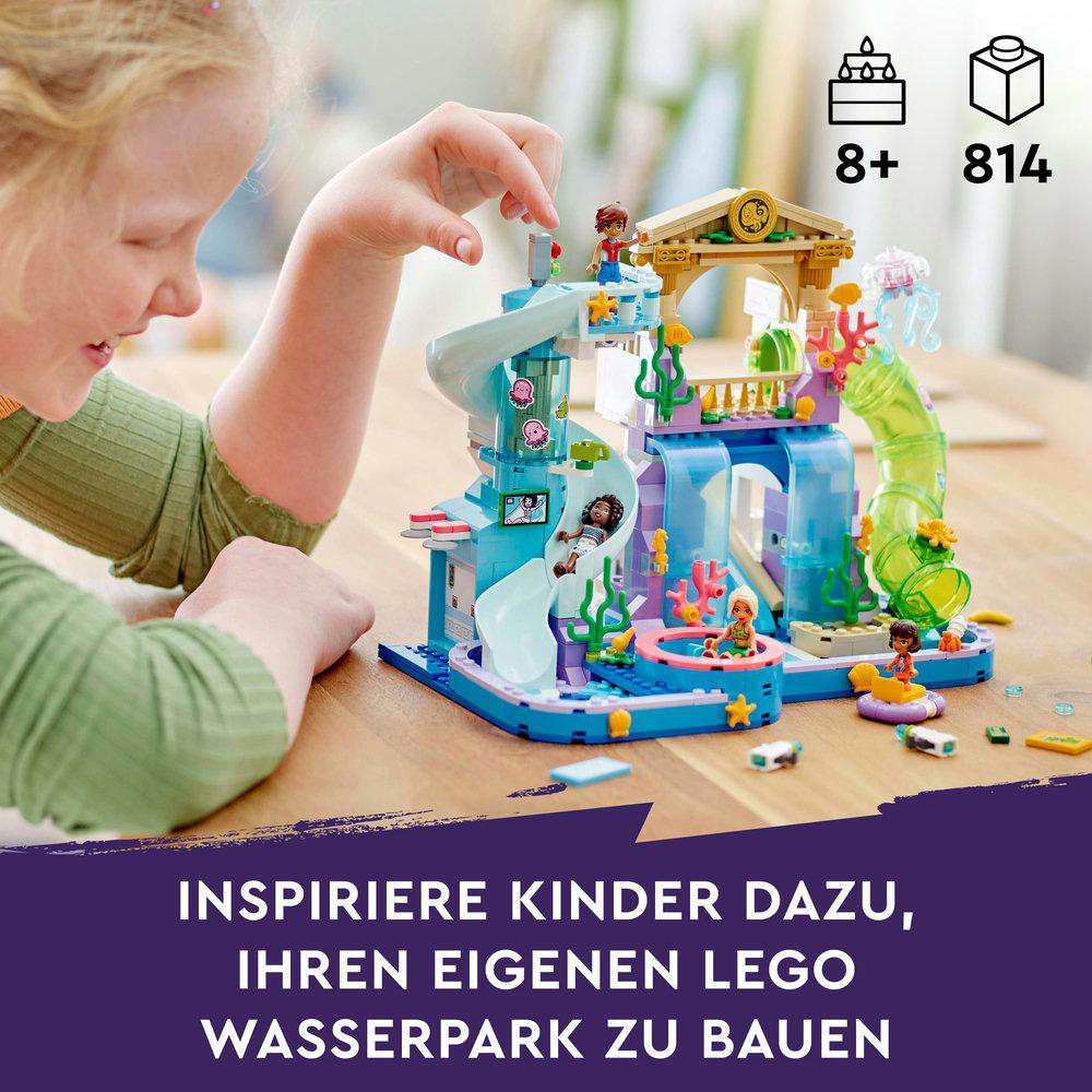 Ein LEGO-Wasserpark-Set mit spielenden Kindern. Das Set enthält Rutschen und bunte Strukturen.