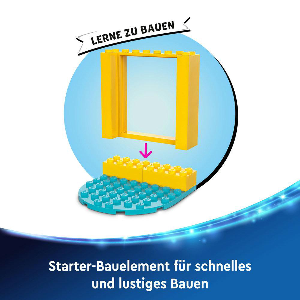 Blaue und gelbe LEGO-Steine mit einem Pfeil, der zeigt, wie man einen Rahmen baut.