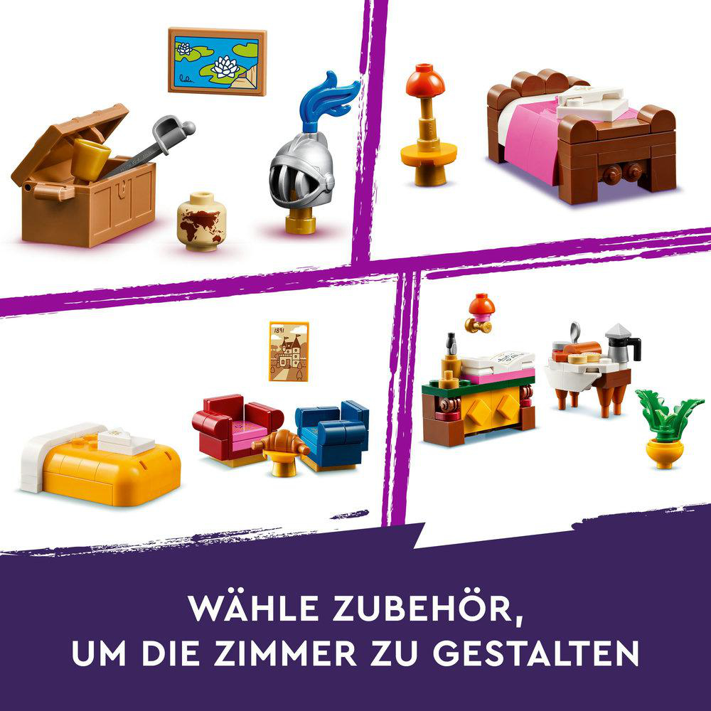 Lego-Set mit verschiedenen Raumaccessoires: Truhe, Schwert, Helm, Bett, Stühle, Tisch und Pflanze.