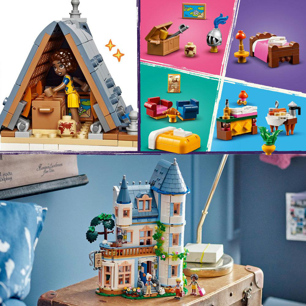 Lego Friends Set. Ein Mädchen ist in einem Zelt. Weitere Sets mit Möbeln und Zubehör werden gezeigt.