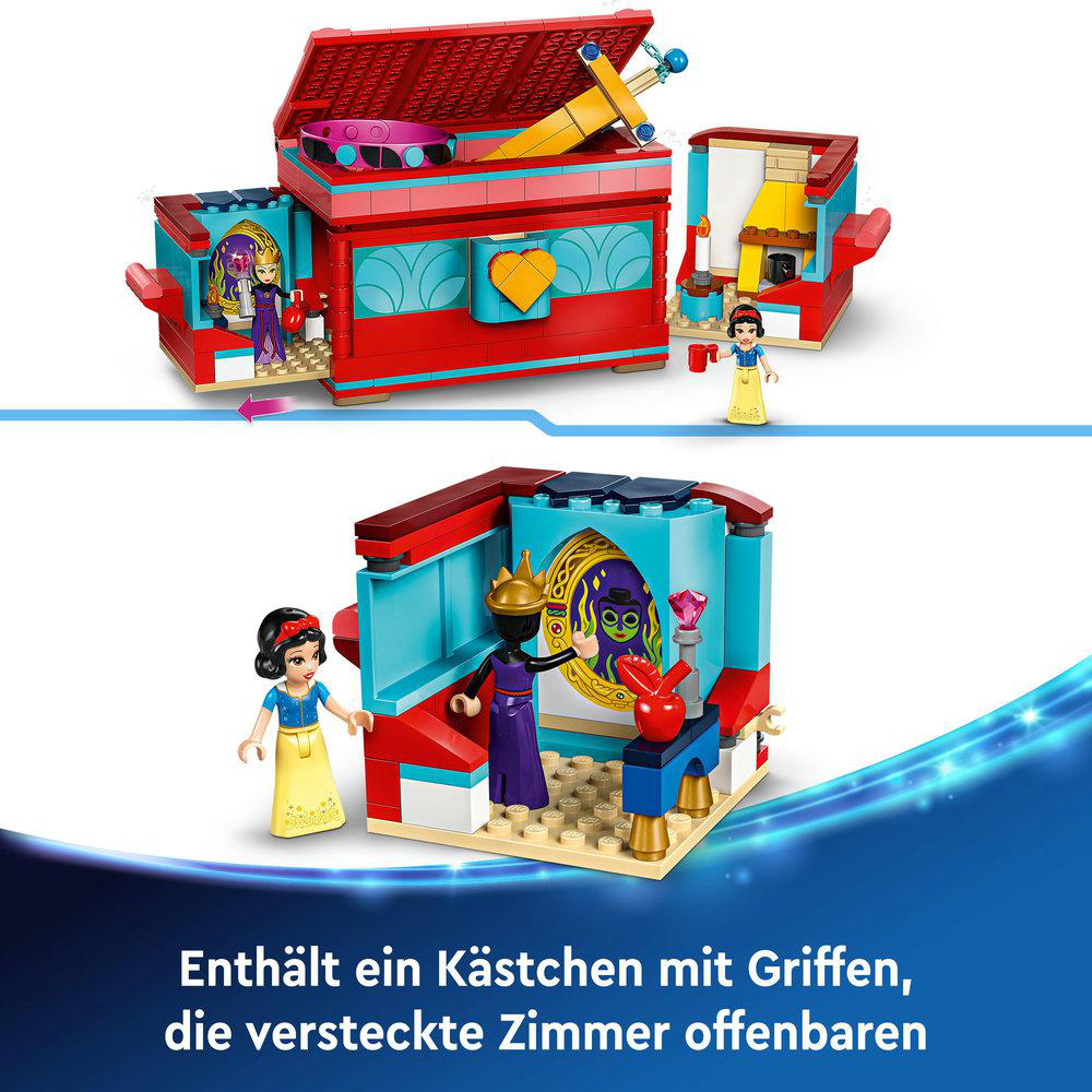 LEGO-Set mit Schneewittchen und einer Figur in einer burgartigen Struktur, die versteckte Räume zeigt.