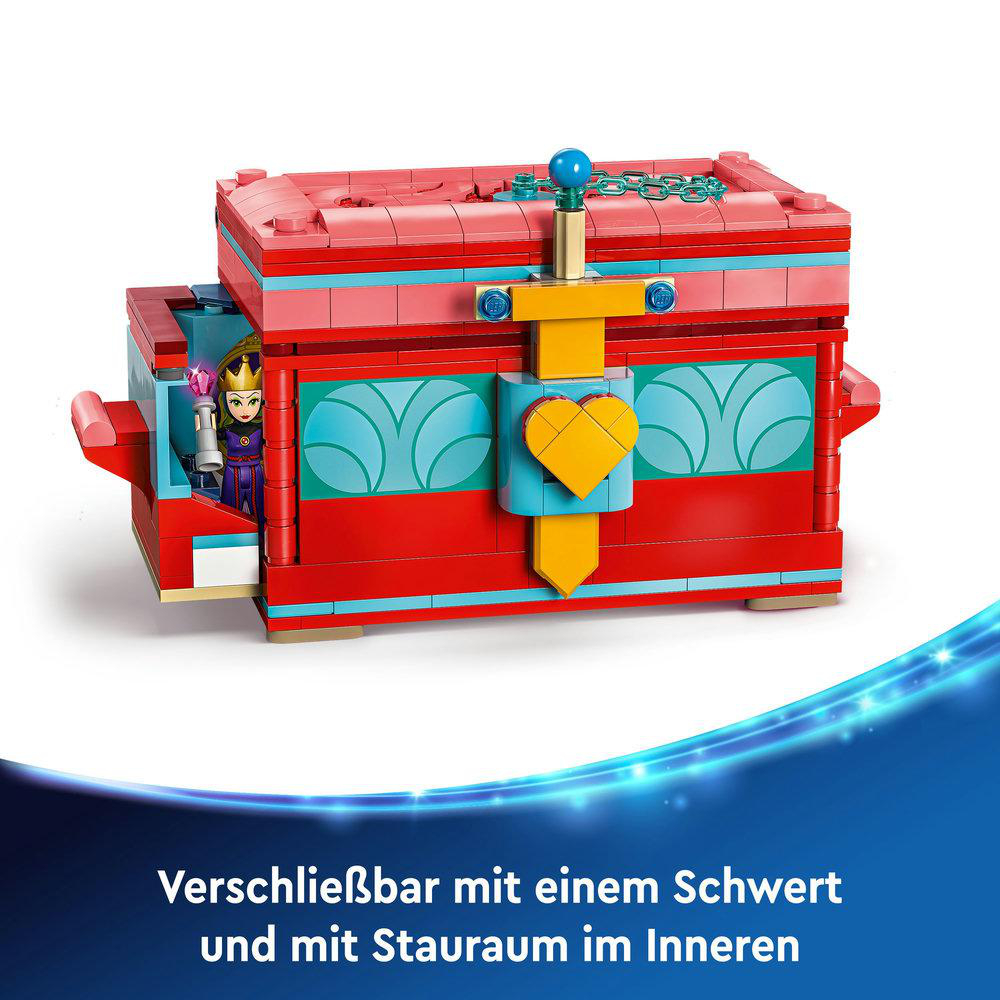 Eine rote LEGO-Truhe mit einer Prinzessinnenfigur, einem Schwert und einem herzförmigen Schloss.