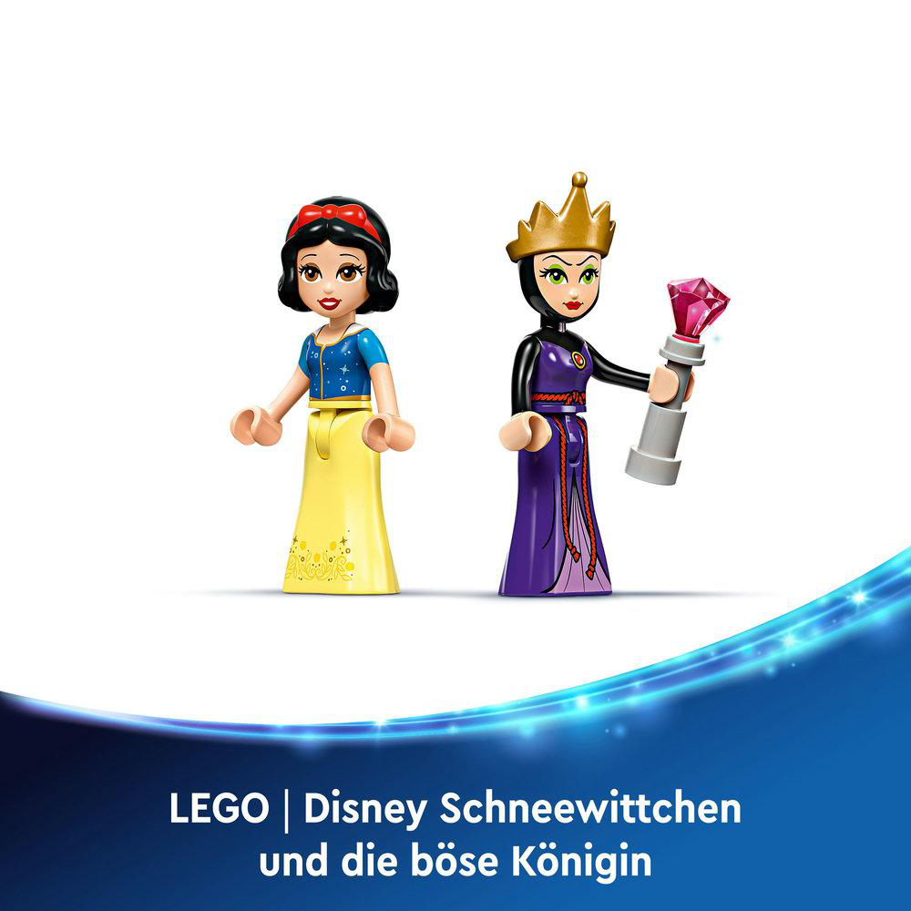 Schneewittchen- und böse Königin-LEGO-Figuren. Weißer Hintergrund. Disney-Logo unten.