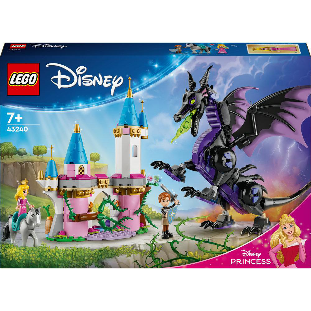 Lego-Set eines Schlosses, eines Drachen und Figuren.
