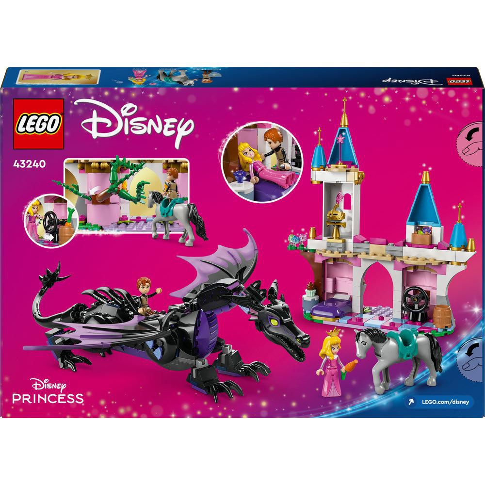 Lego Disney Princess Box: Drache, Schloss, Figuren. Die Box ist rosa und lila, Disney-Logo oben.