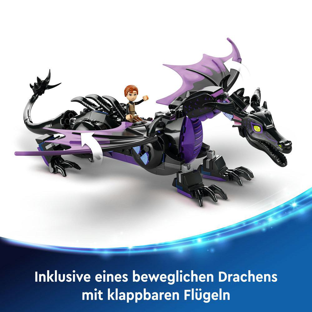 Ein Lego-Drachenspielzeug mit einem Minifiguren-Reiter. Der Drache ist schwarz und lila.