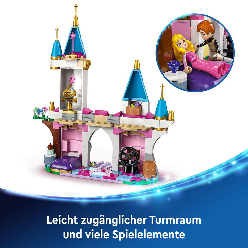 Lego-Set Schloss mit Figuren darin. Weißer Hintergrund.