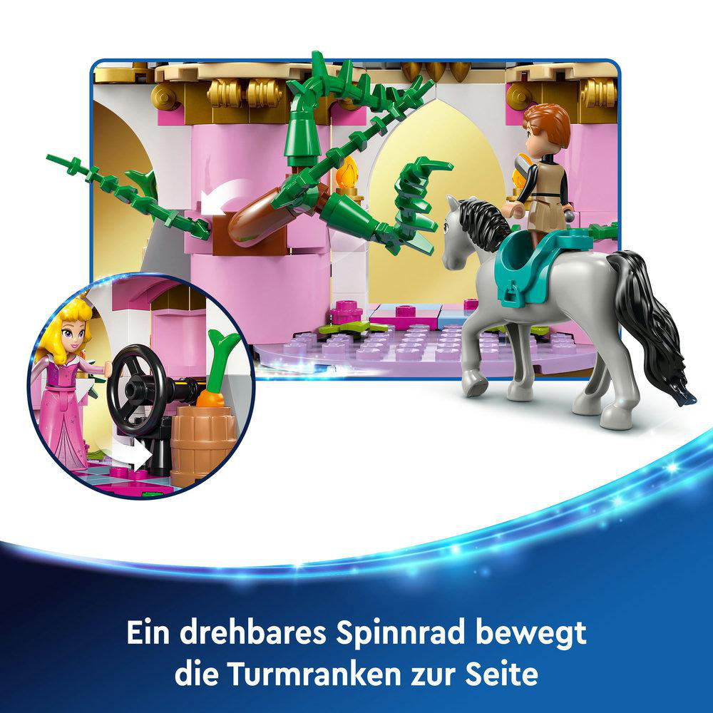 Lego-Set mit einer Prinzessin, einem Pferd und einem rotierenden Rad, das Ranken bewegt.