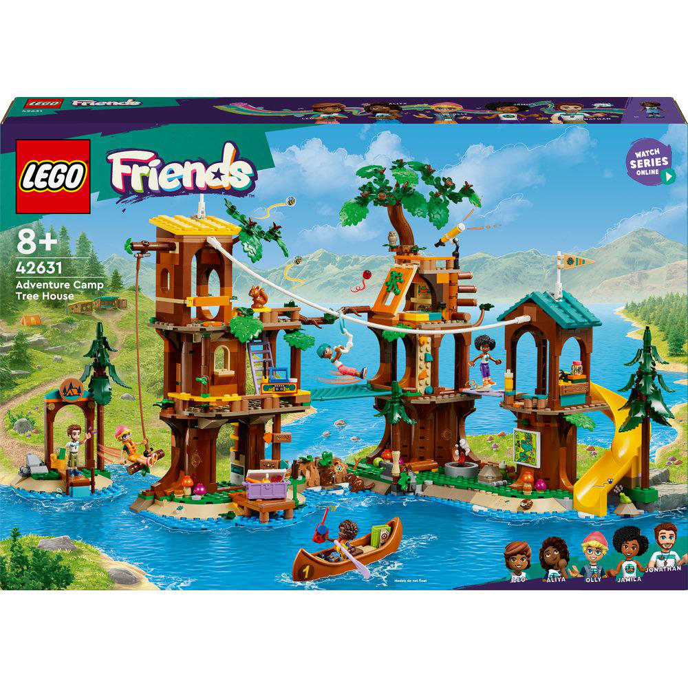 Lego Friends Adventure Camp Tree House Set, mit verschiedenen Spielstrukturen und Minifiguren.