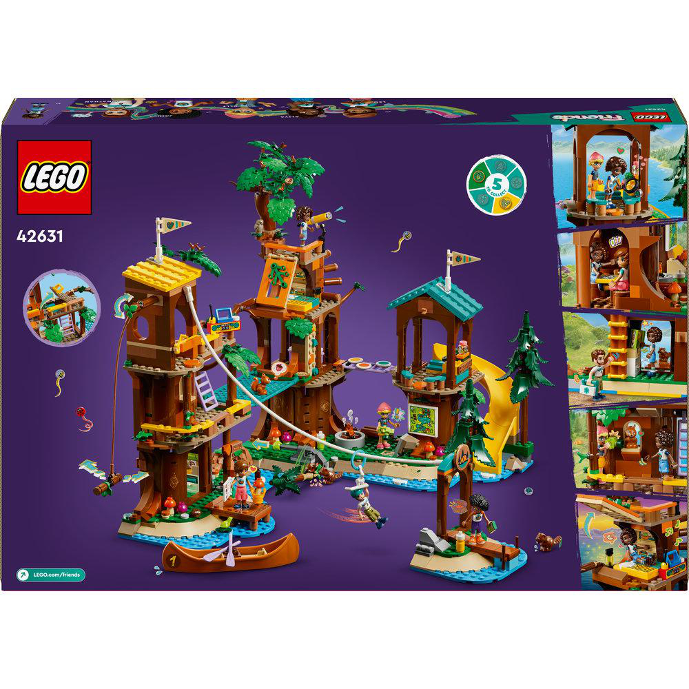 Lego Friends Box zeigt ein Baumhaus-Spielset mit mehreren Ebenen, Rutschen und Figuren.
