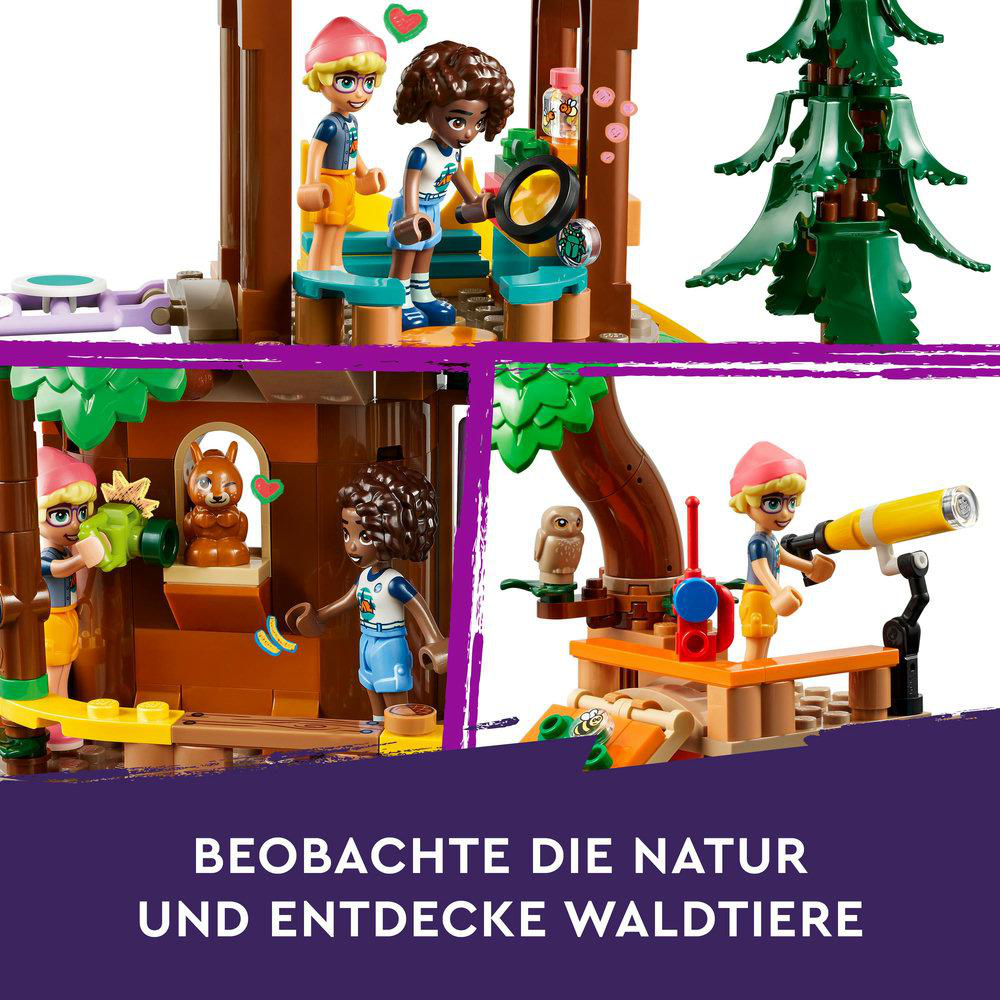 Nahaufnahme einer Lego-Szene mit drei Figuren, die die Natur mit einem Teleskop und anderen Werkzeugen beobachten.