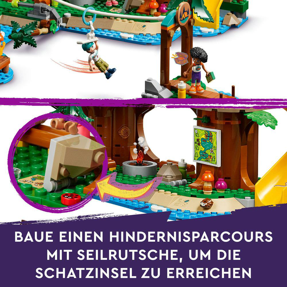 LEGO Friends Set. Enthält eine Seilrutsche, Figuren und eine Camp-Szene mit Anweisungen.