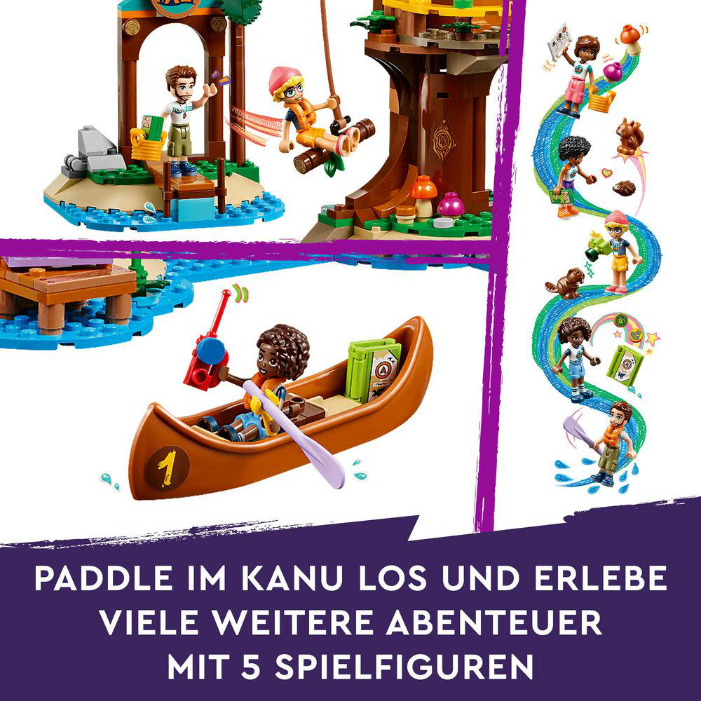 Ein LEGO-Set mit mehreren Szenen, darunter Figuren auf einer Schaukel, einem Kanu und anderen Aktivitäten.