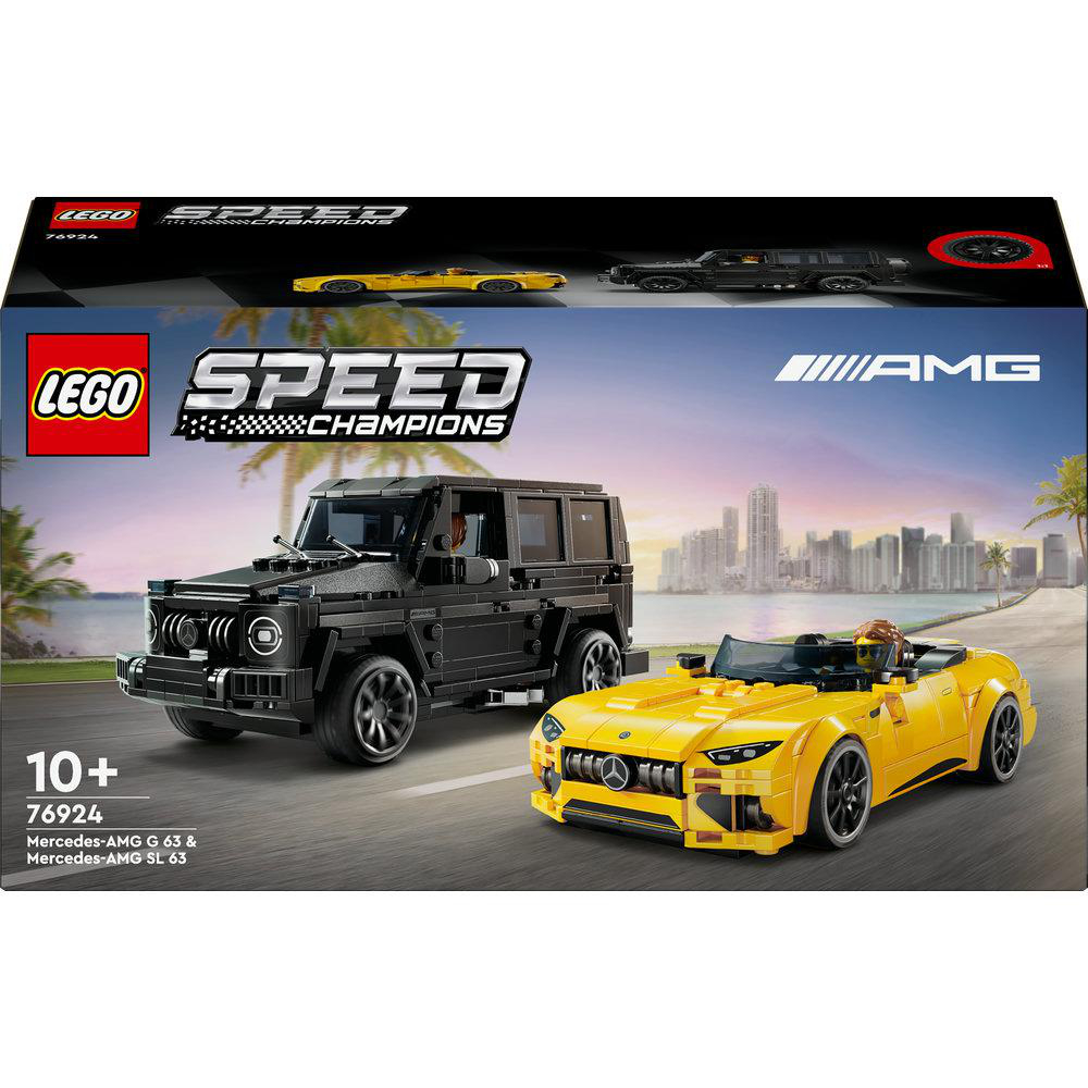 Lego-Box mit zwei Mercedes-AMG-Autos: einem schwarzen G 63 und einem gelben SL 63. Die Box hat die Lego- und AMG-Logos.