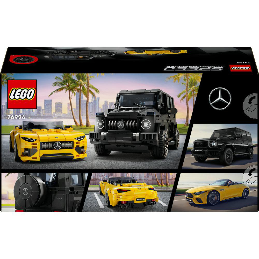 Eine Lego-Box mit verschiedenen Automodellen: einem gelben Sportwagen und einem schwarzen SUV.