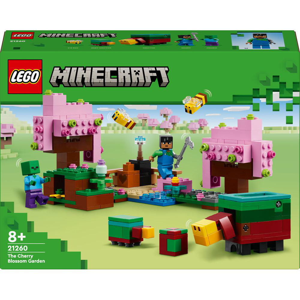 LEGO Minecraft Set: Kirschblütengarten. Mit rosa Bäumen, Figuren und einem modularen Aufbau.