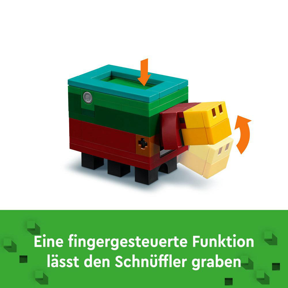 LEGO Sniffer Spielzeug mit beweglichem Kopf und Körper. Grüne, rote und gelbe Blöcke. Weißer Hintergrund.